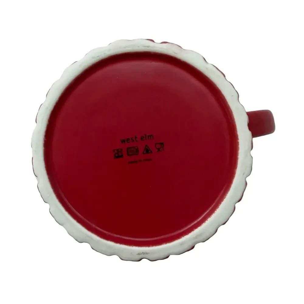 West Elm Red Stoneware Knit Ski Cap Hat Hot Chocolate Coffee Mug w/ Lid EUC